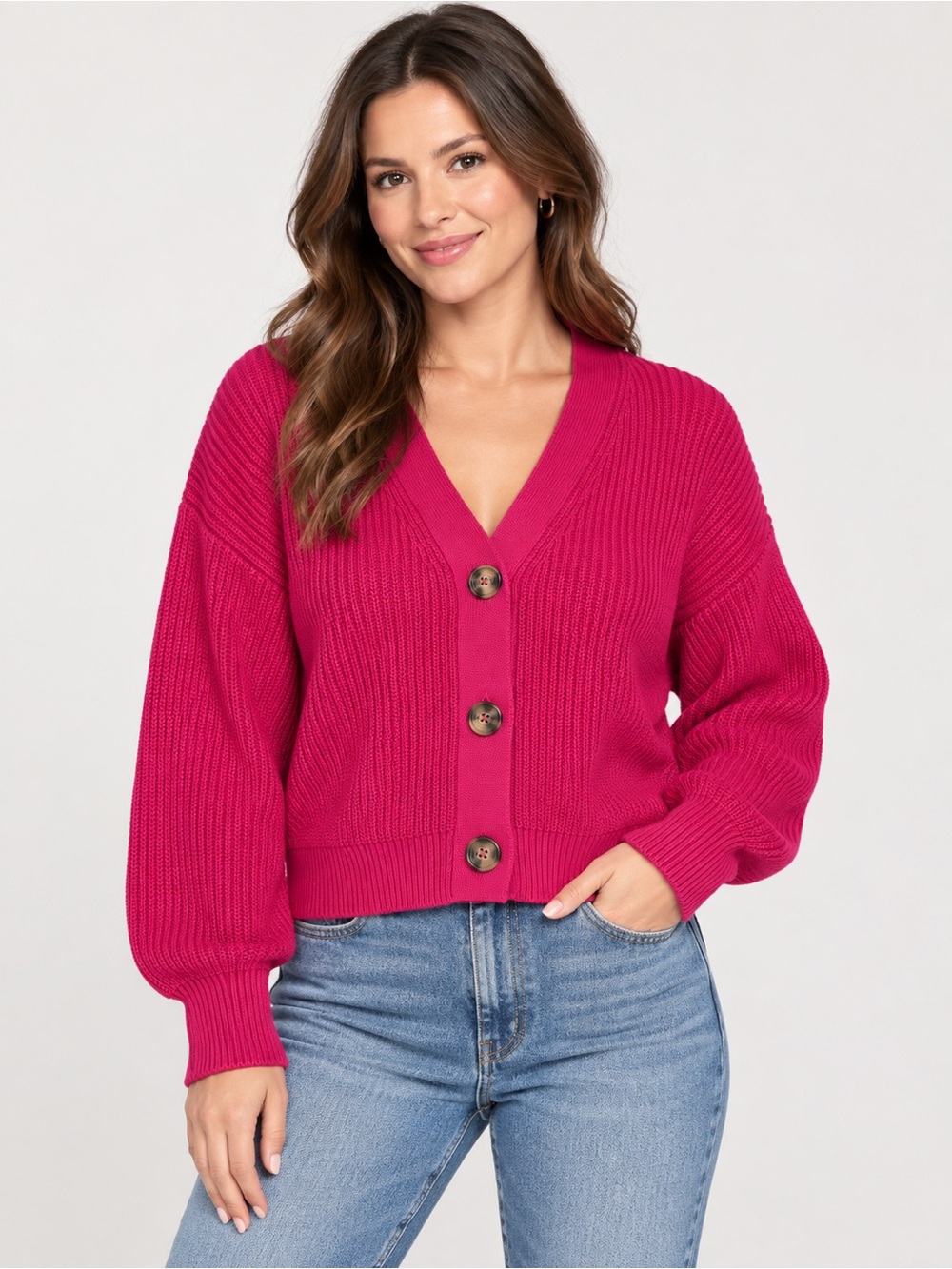 mySTYLE Hot Pink 100% Cotton Chunky Knit Cardigan Size L